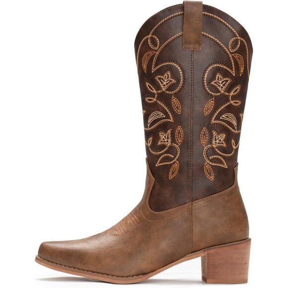 Women's Dark Brown Pointy Toe Faux Leather Western Cowgirl Mid Calf Boots - Picture 5 of 8